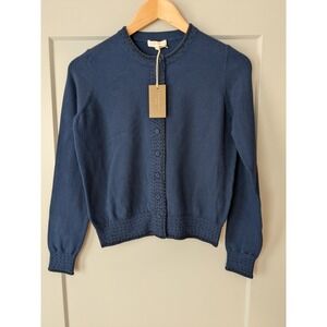 NWT Ann Mashburn Rose Beaded Cardigan Bright‎ Navy Cotton Silk XS READ